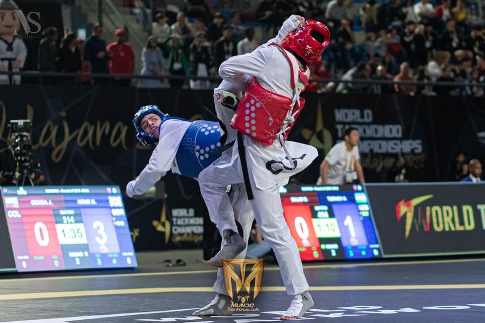 Dynamic Taekwondo action shot during training at Putney martial arts club